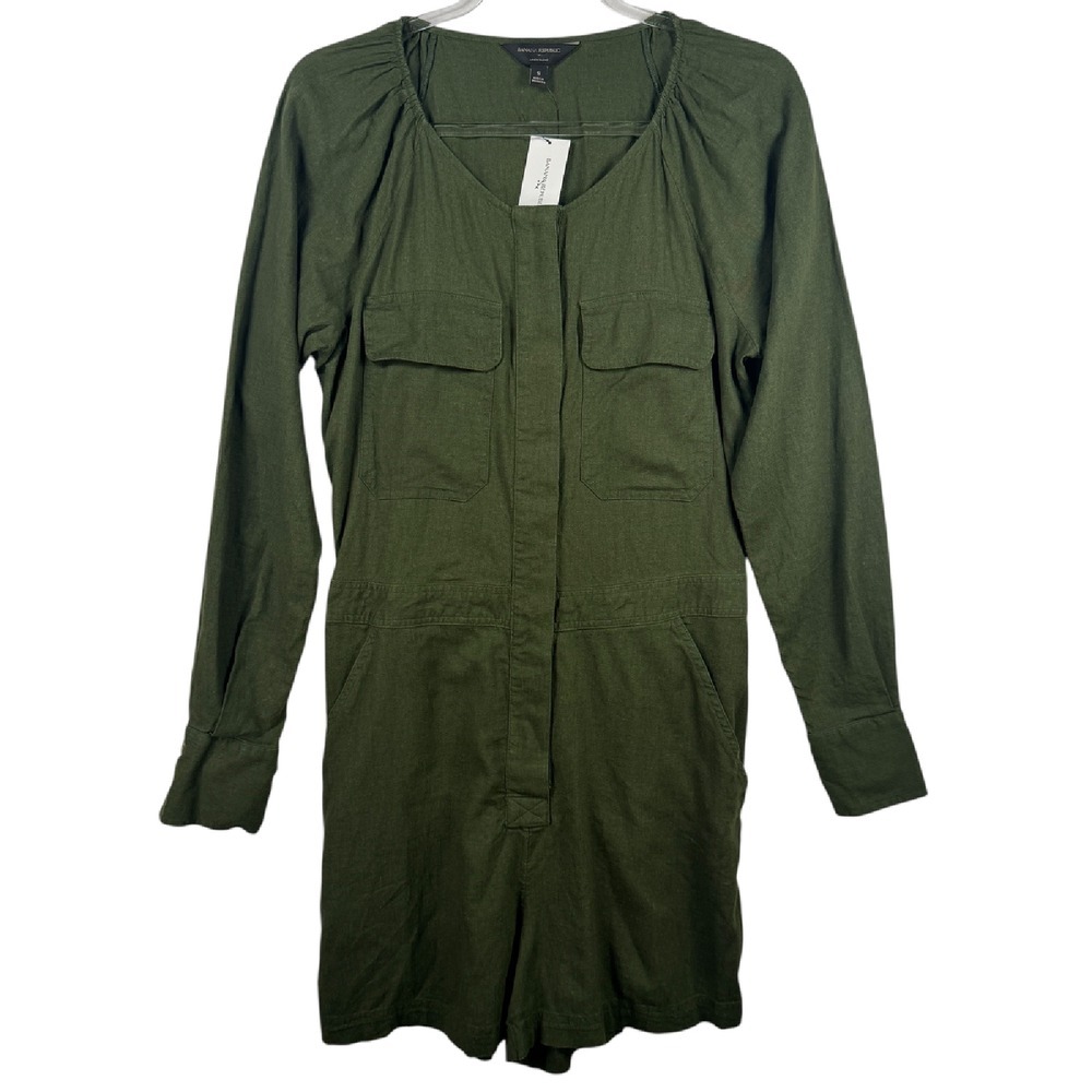 Banana Republic Linen Blend Utility Romper‎ Long Sleeve Army Olive Green Size S